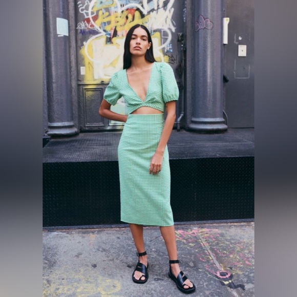 Nwt Zara Green Gingham Cut out Midi Dress Large - Picture 5 of 12